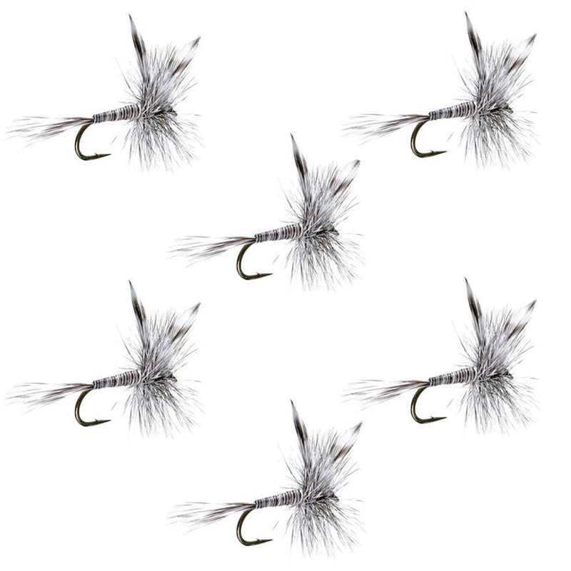 Set of 6 Mosquito Classic Trout Dry Flies in size 14 for fly fishing, featuring detailed feather and thread craftsmanship.