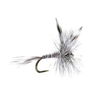 Three barbless mosquito dry fly fishing flies for trout, size 18, with detailed feather and thread craftsmanship.