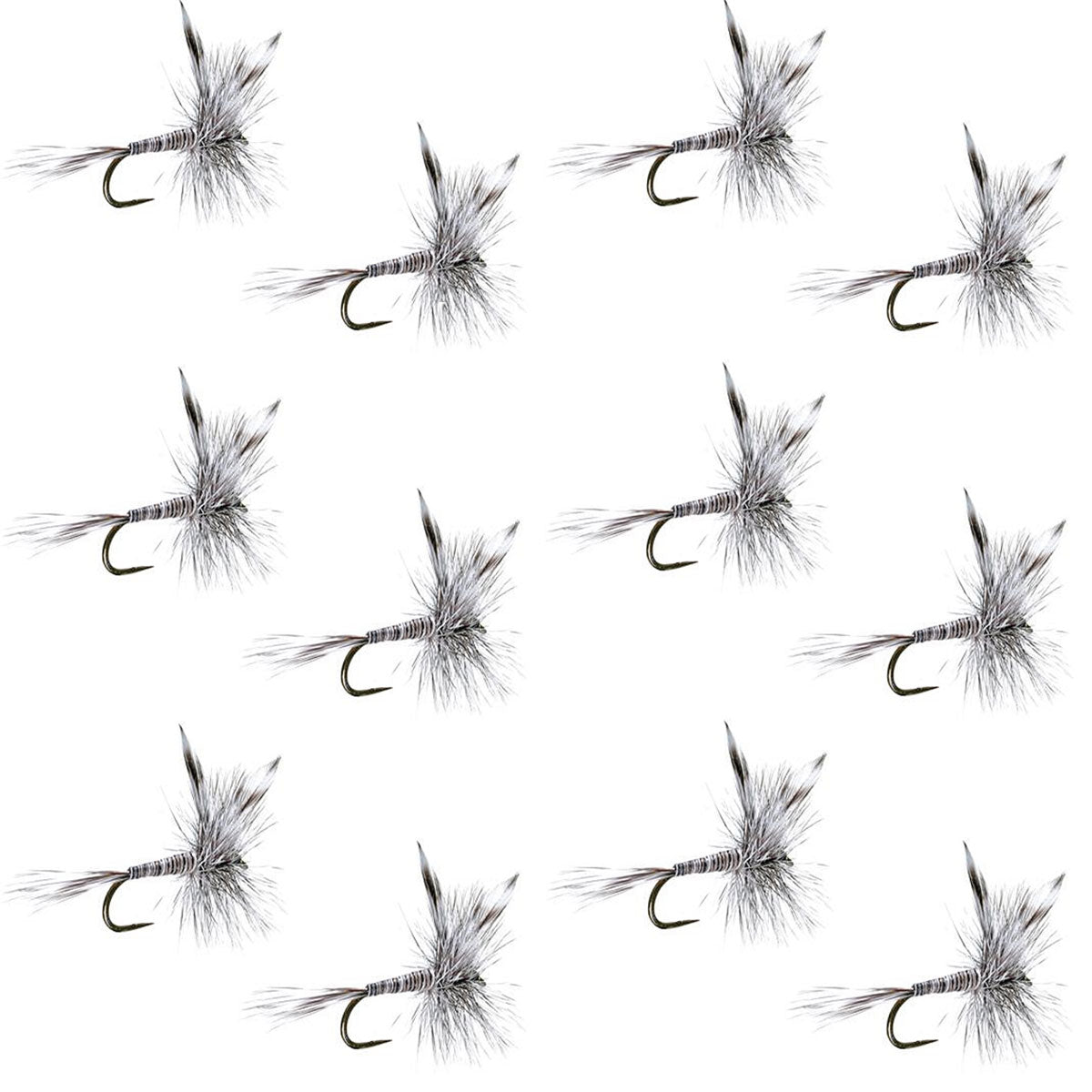 Set of 12 barbless Mosquito Classic Trout Dry Flies with size 16 hooks for fly fishing, featuring realistic insect details.