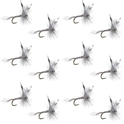 Set of 12 barbless Mosquito Classic Trout Dry Flies with size 16 hooks for fly fishing, featuring realistic insect details.
