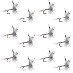 Set of 12 barbless mosquito dry flies for trout fishing, size 18, from The Fly Fishing Place, featuring realistic insect details.