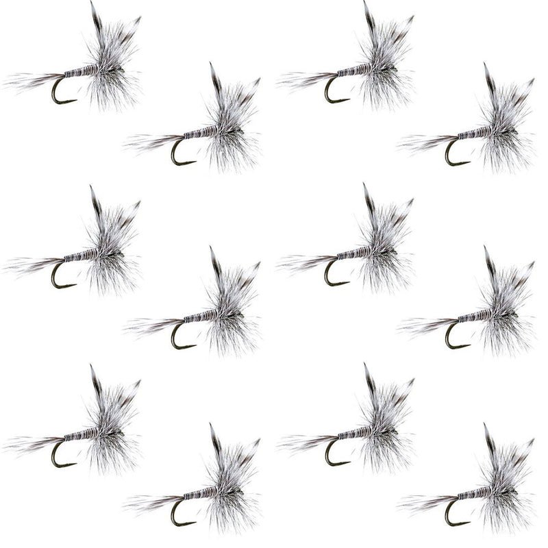 Set of 12 barbless mosquito dry flies for trout fishing, size 18, from The Fly Fishing Place, featuring realistic insect details.