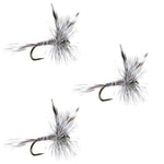 Three barbless Mosquito Dry Flies for trout fishing, hook size 12, from The Fly Fishing Place, featuring realistic dry fly designs.