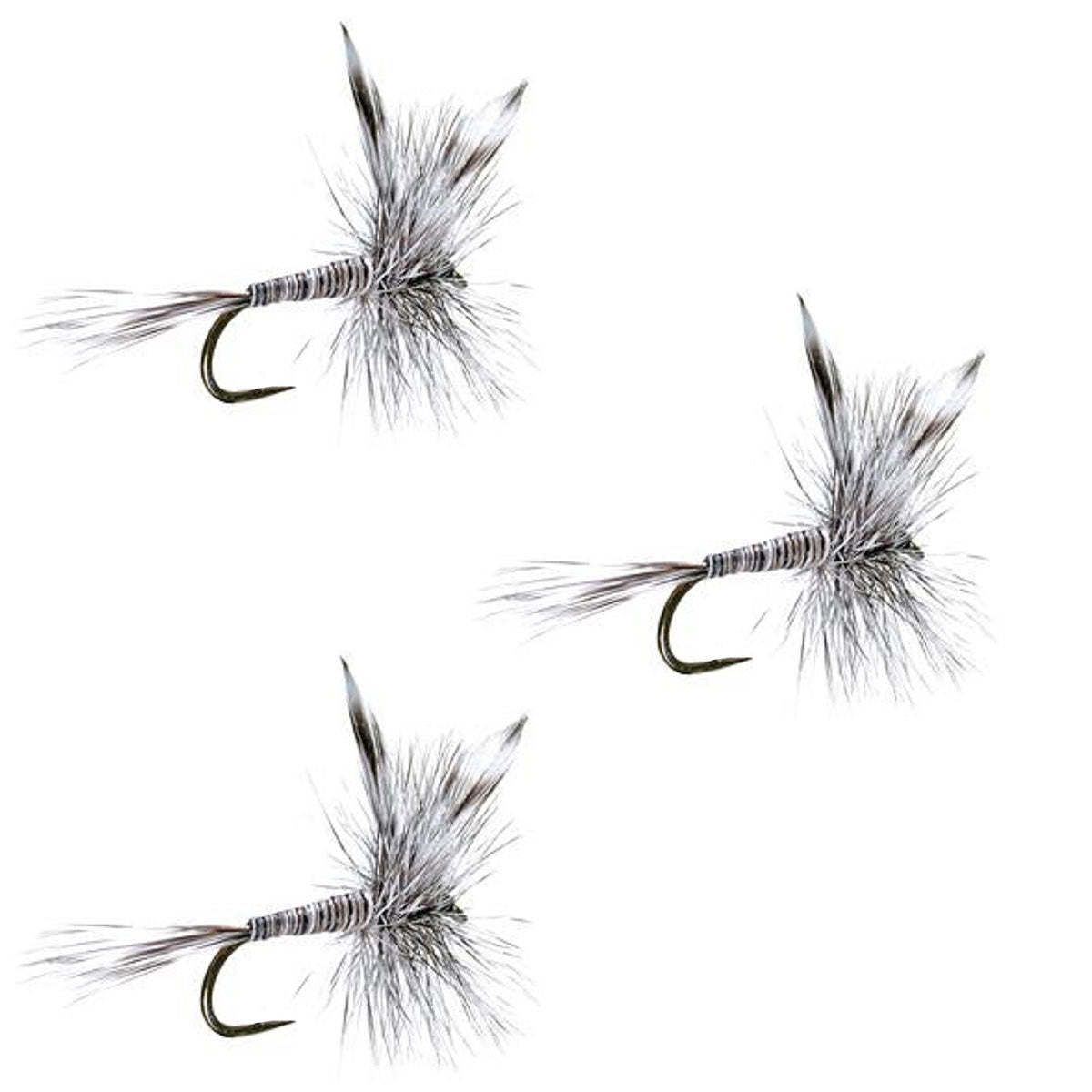 Set of three barbless Mosquito Dry Flies for trout fishing, size 18, by The Fly Fishing Place, with realistic fly patterns.