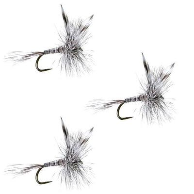 Set of three barbless Mosquito Dry Flies for trout fishing, size 18, by The Fly Fishing Place, with realistic fly patterns.