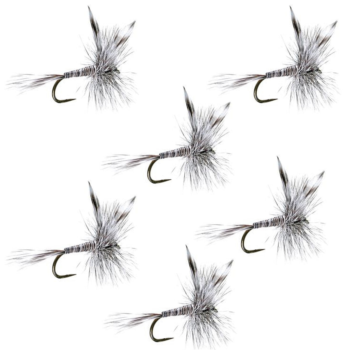 Set of six barbless Mosquito Classic Trout Dry Flies in hook size 18 for fly fishing, featuring realistic insect details.