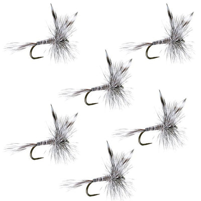 Set of six barbless Mosquito Classic Trout Dry Flies in hook size 18 for fly fishing, featuring realistic insect details.
