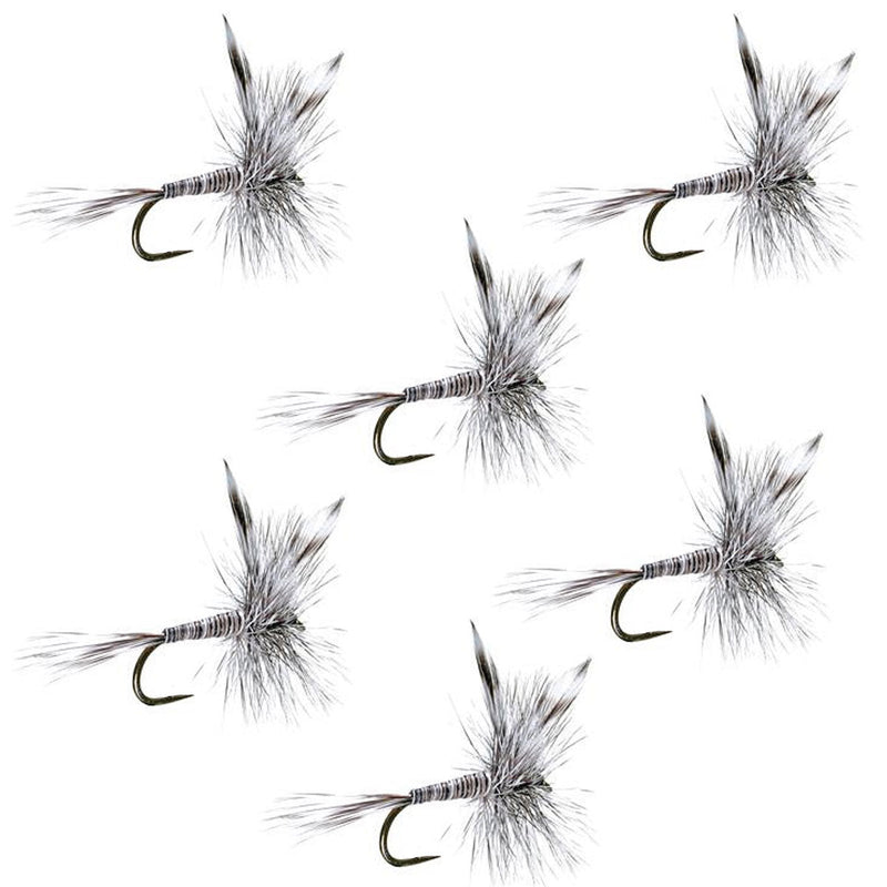 Set of six barbless Mosquito Classic Trout Dry Flies in hook size 18 for fly fishing, featuring realistic insect details.
