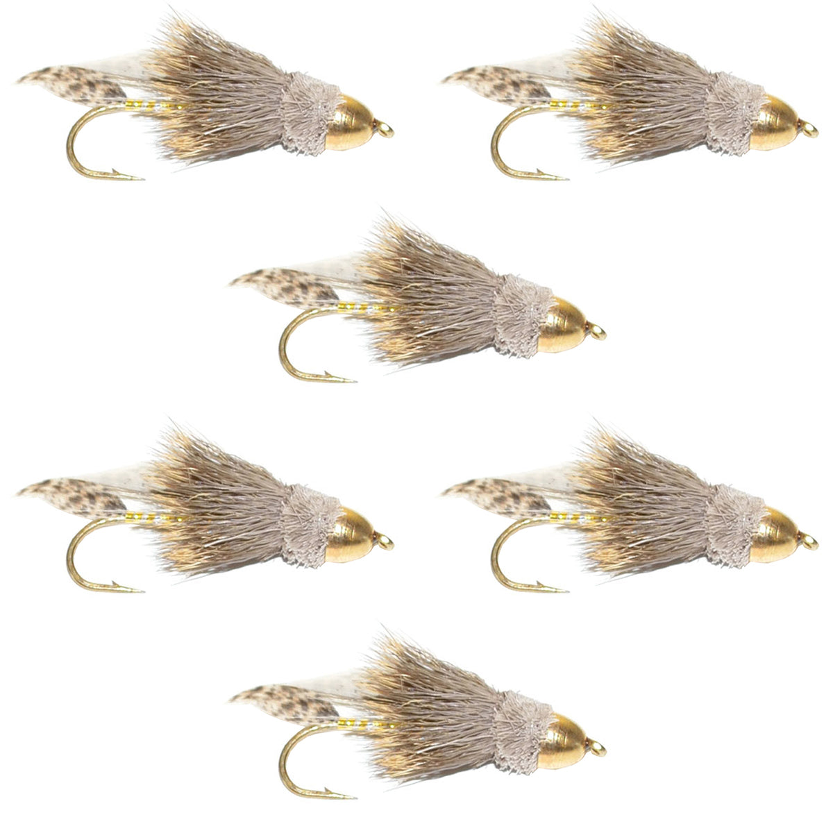 Set of six Cone Head Muddler Minnow trout and bass streamer flies, size 2, designed for fly fishing, featuring realistic streamers.