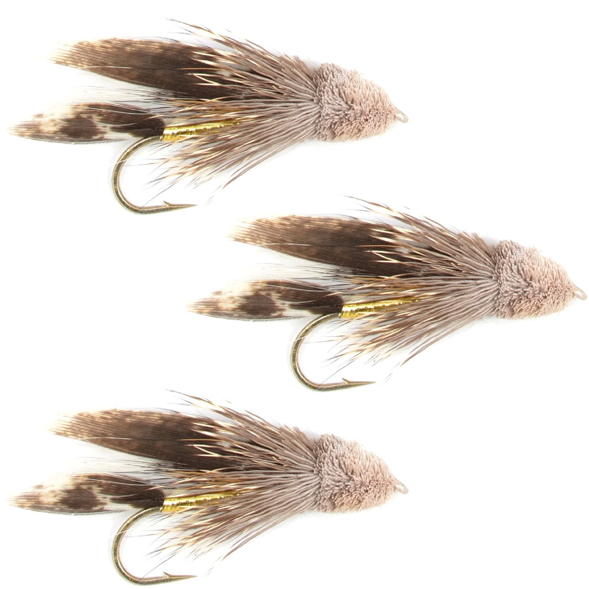 Three gold Muddler Minnow streamer flies for trout and bass, size 8, with hook details, from The Fly Fishing Place.