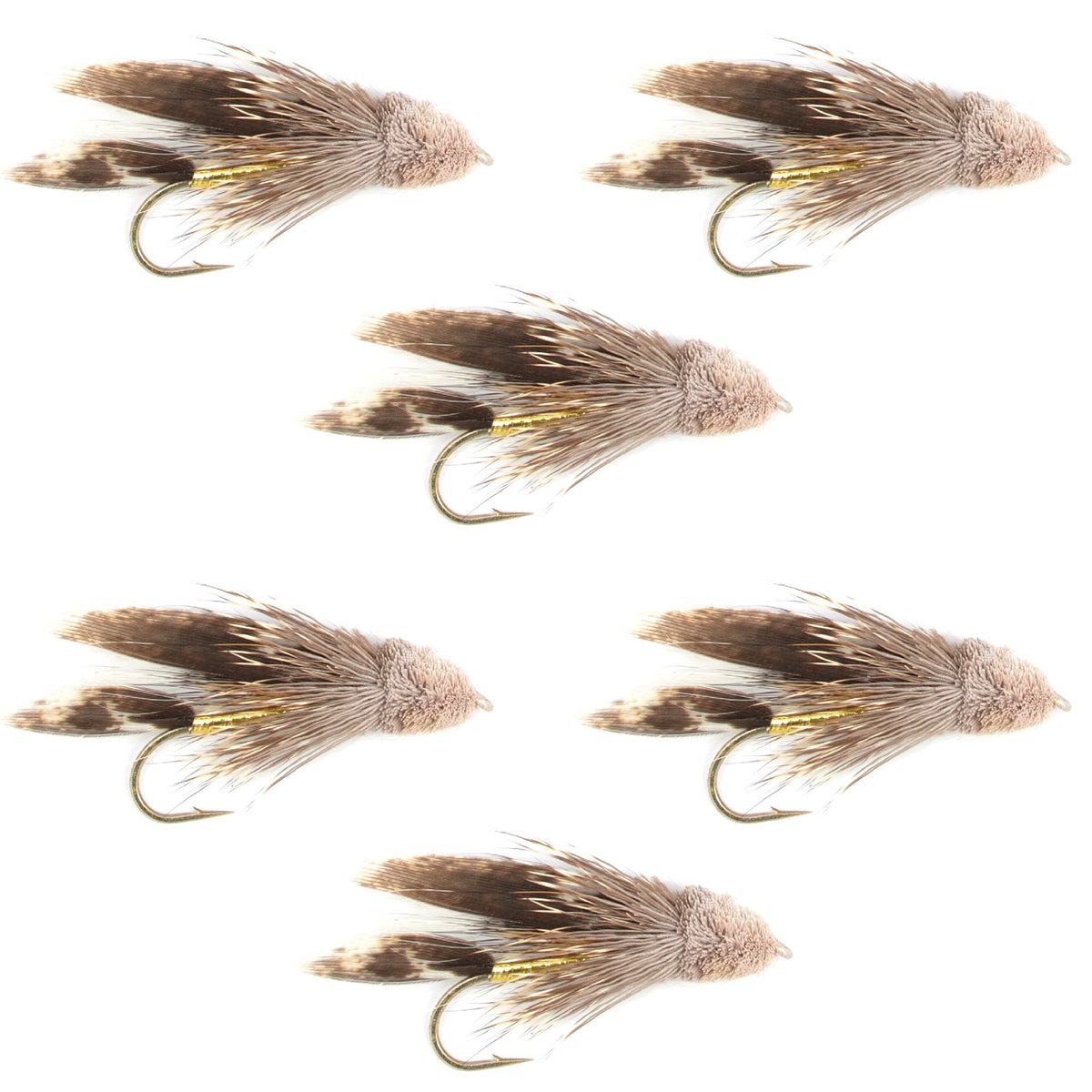 Set of 6 Muddler Minnow Streamer Flies by The Fly Fishing Place for trout fishing, size 6, with gold coloration and realistic details.