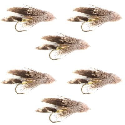 Set of six Muddler Minnow Streamer Flies in gold, size 8, trout wet flies for fly fishing from The Fly Fishing Place.