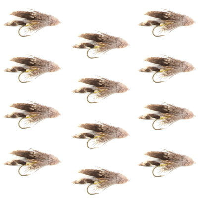 Set of 12 Muddler Minnow streamer fishing flies for trout, size 12 wet flies by The Fly Fishing Place, featuring colorful feathered hooks.