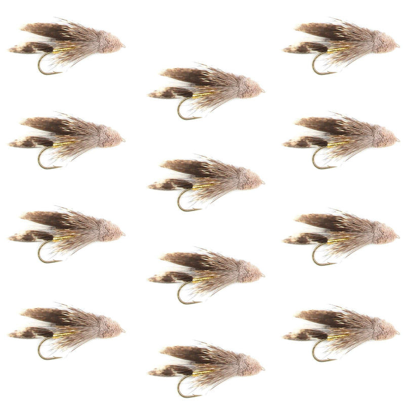 Set of 12 Muddler Minnow streamer fishing flies for trout, size 12 wet flies by The Fly Fishing Place, featuring colorful feathered hooks.