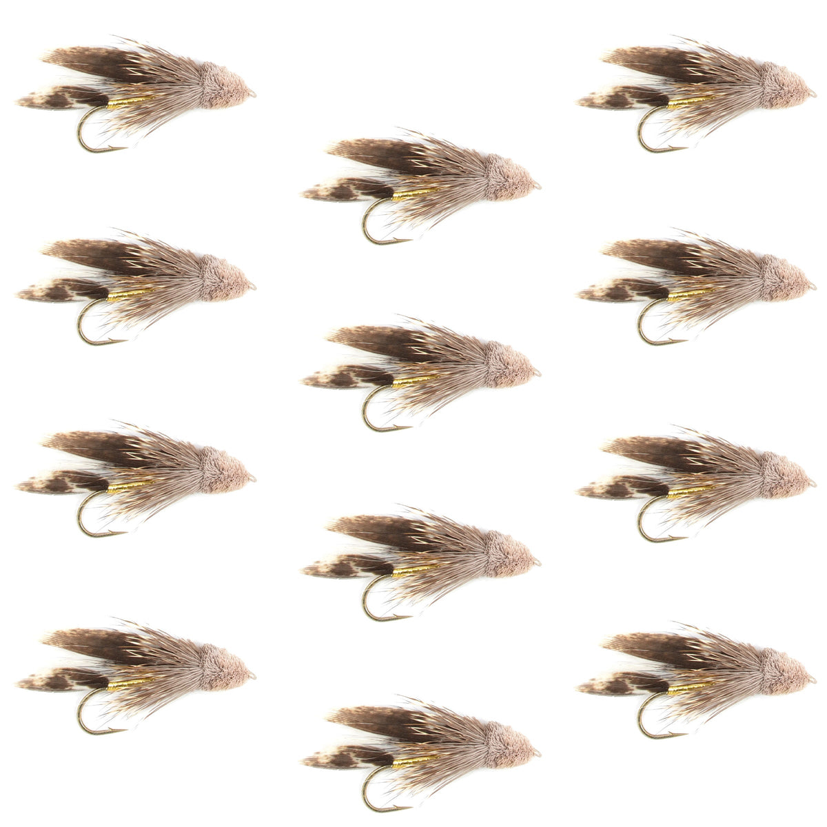 Set of 12 Muddler Minnow streamer trout wet flies with size 4 hooks, ideal for fly fishing and attracting fish.