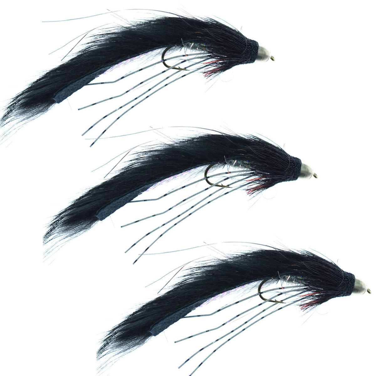Set of three black cone head Muddy Buddy trout wet flies for fly fishing, size 4, by The Fly Fishing Place.