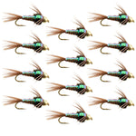 Set of 12 Bead Head Flash Back Pheasant Tail Nymph trout wet flies for fly fishing, size 18, by The Fly Fishing Place