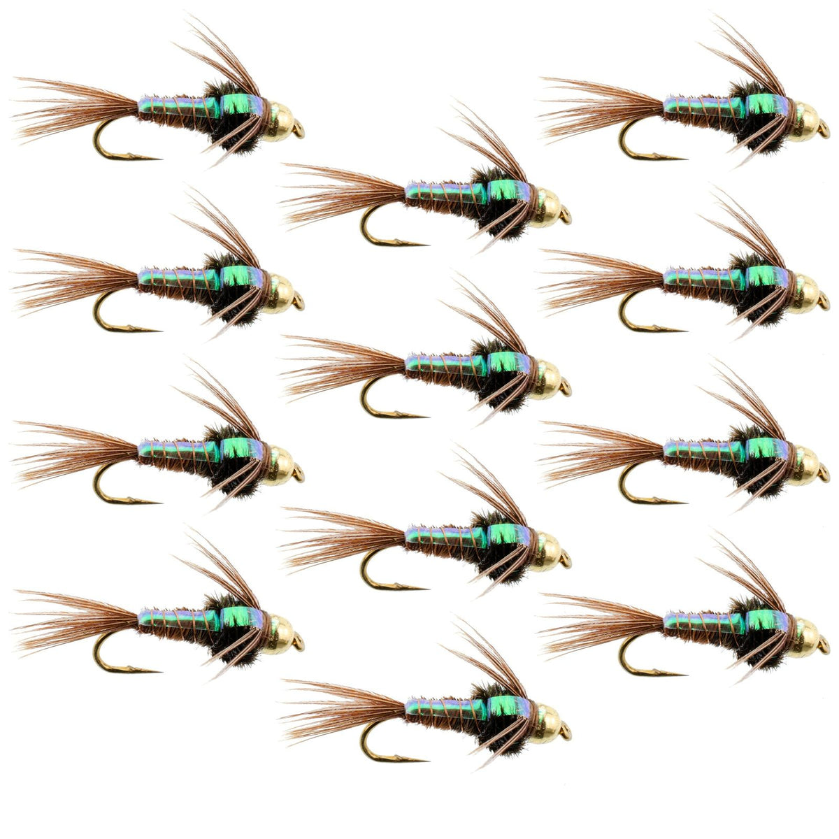 Set of 12 Bead Head Flash Back Pheasant Tail Nymph trout wet flies for fly fishing, size 18, by The Fly Fishing Place