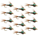 Set of 12 tungsten bead head pheasant tail nymph flies for trout fishing, size 16, with flash back detail.