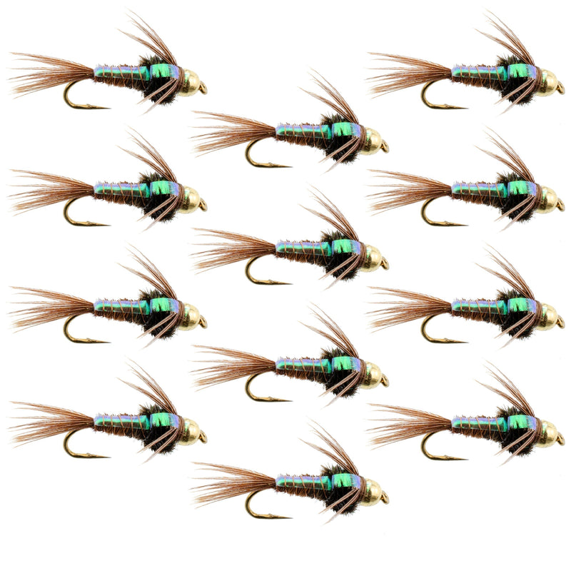 Set of 12 tungsten bead head pheasant tail nymph wet flies for trout fishing, size 10, from The Fly Fishing Place.