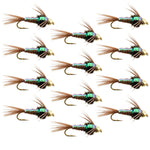 Set of 12 Bead Head Flash Back Pheasant Tail Nymph trout wet flies, size 16, for fly fishing, by The Fly Fishing Place.