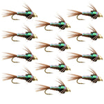 Set of 12 tungsten bead head pheasant tail nymph flies for trout fishing, size 14, with flash back, by The Fly Fishing Place.