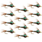 Set of 12 Bead Head Flash Back Pheasant Tail Nymph trout wet flies for fly fishing, size 12, by The Fly Fishing Place.