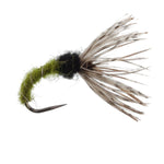 Olive Zebra Sakasa Kebari Tenkara fly with size 12 hook, designed for fly fishing, featuring olive and zebra pattern on a natural background.