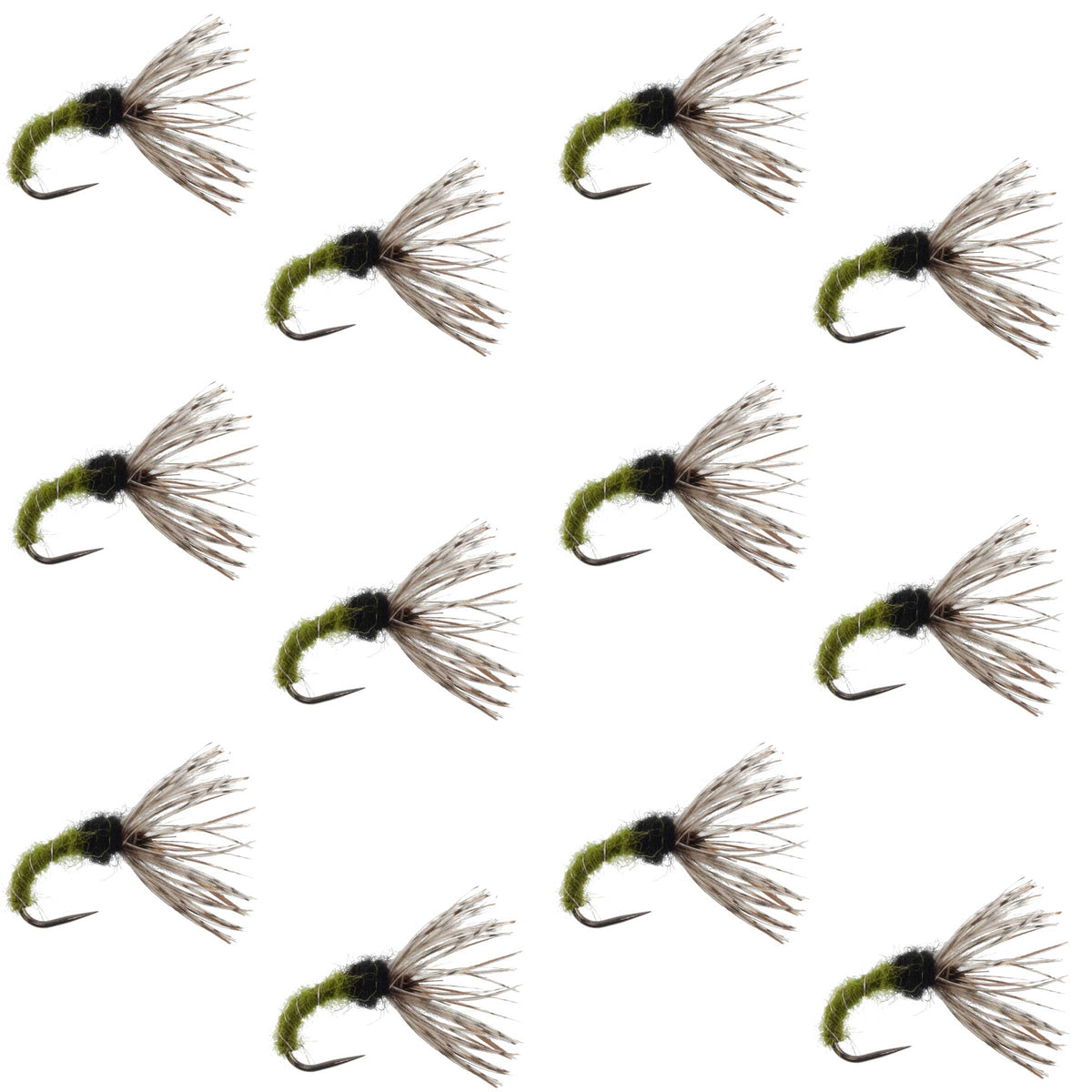 Olive Zebra Sakasa Kebari Tenkara fly set with 12 size 14 nymphs for fly fishing, by The Fly Fishing Place.