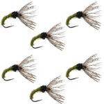 Set of six Olive Zebra Sakasa Kebari Tenkara flies size 12 for fly fishing, featuring detailed nymph designs by The Fly Fishing Place.