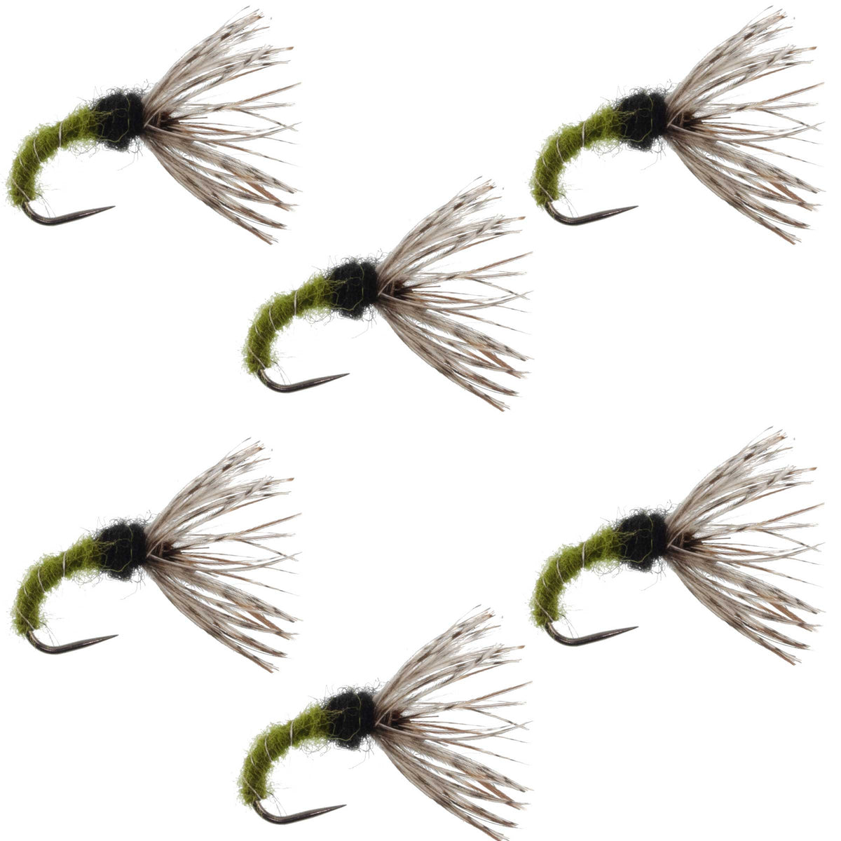 Set of six Olive Zebra Sakasa Kebari Tenkara flies size 12 for fly fishing, featuring detailed nymph designs by The Fly Fishing Place.