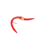 Three San Juan Power Worm hot head orange bead trout wet flies with red V-rib, hook size 12, by The Fly Fishing Place.