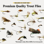 Collection of premium quality trout flies on a white background with text indicating included items.