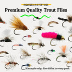Collection of premium quality trout flies with text indicating included items.