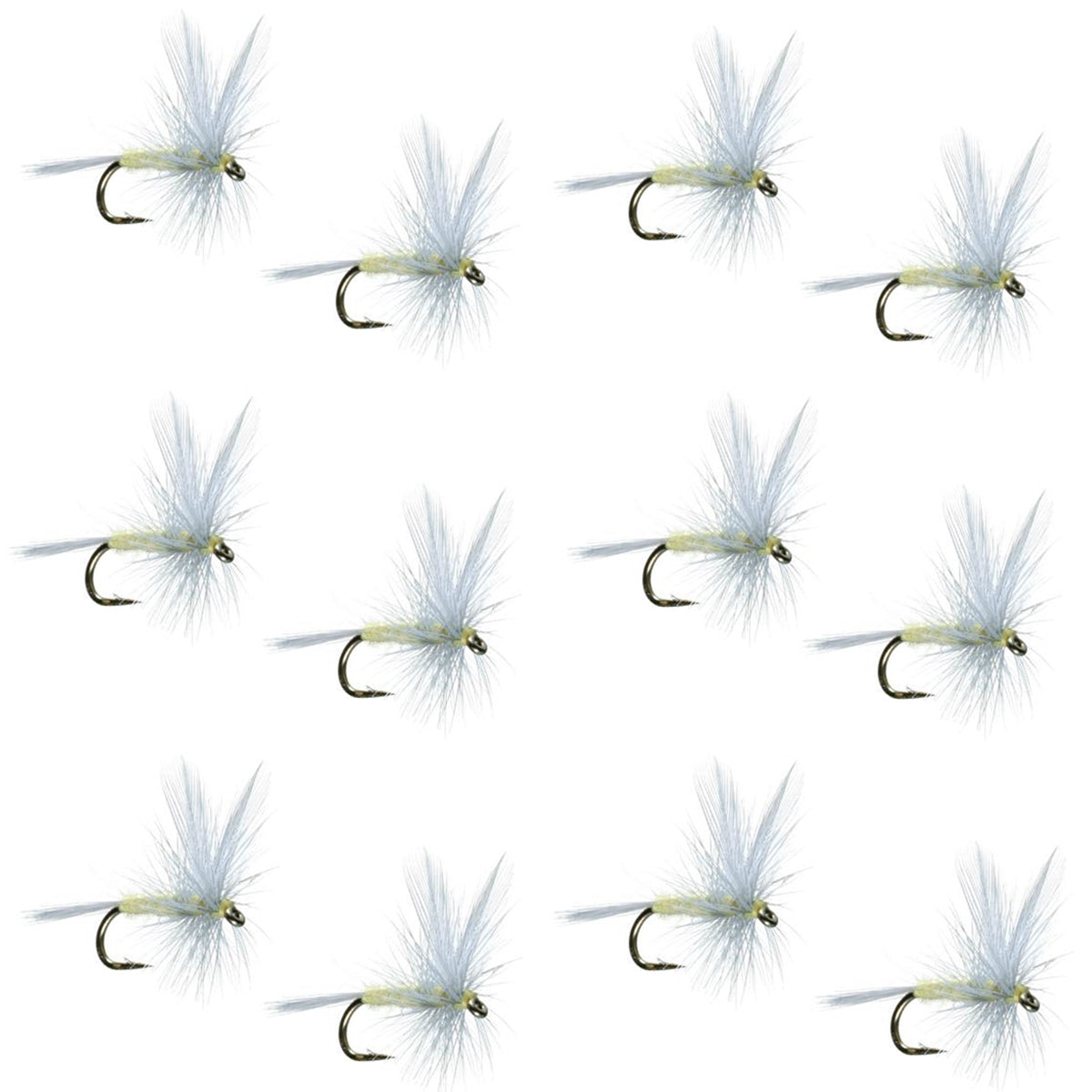 Set of 12 Pale Morning Dun PMD classic trout dry flies with size 16 hooks for fly fishing, featuring realistic insect detail.