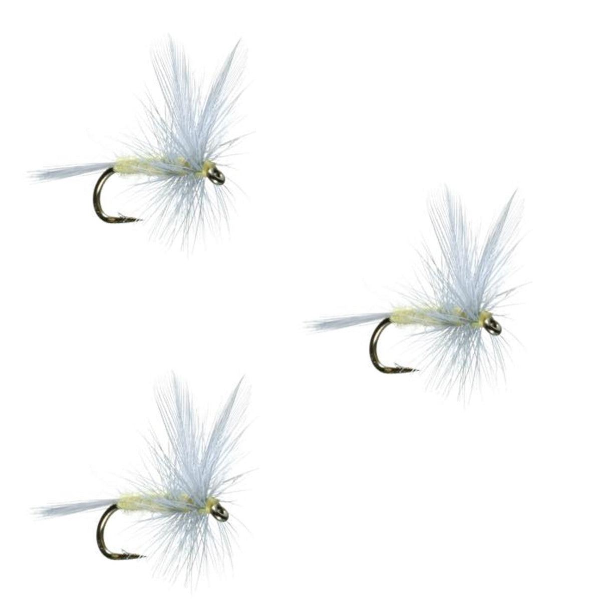 Three Pale Morning Dun PMD classic dry trout flies, hook size 18, with detailed feather and hackle features for fly fishing.
