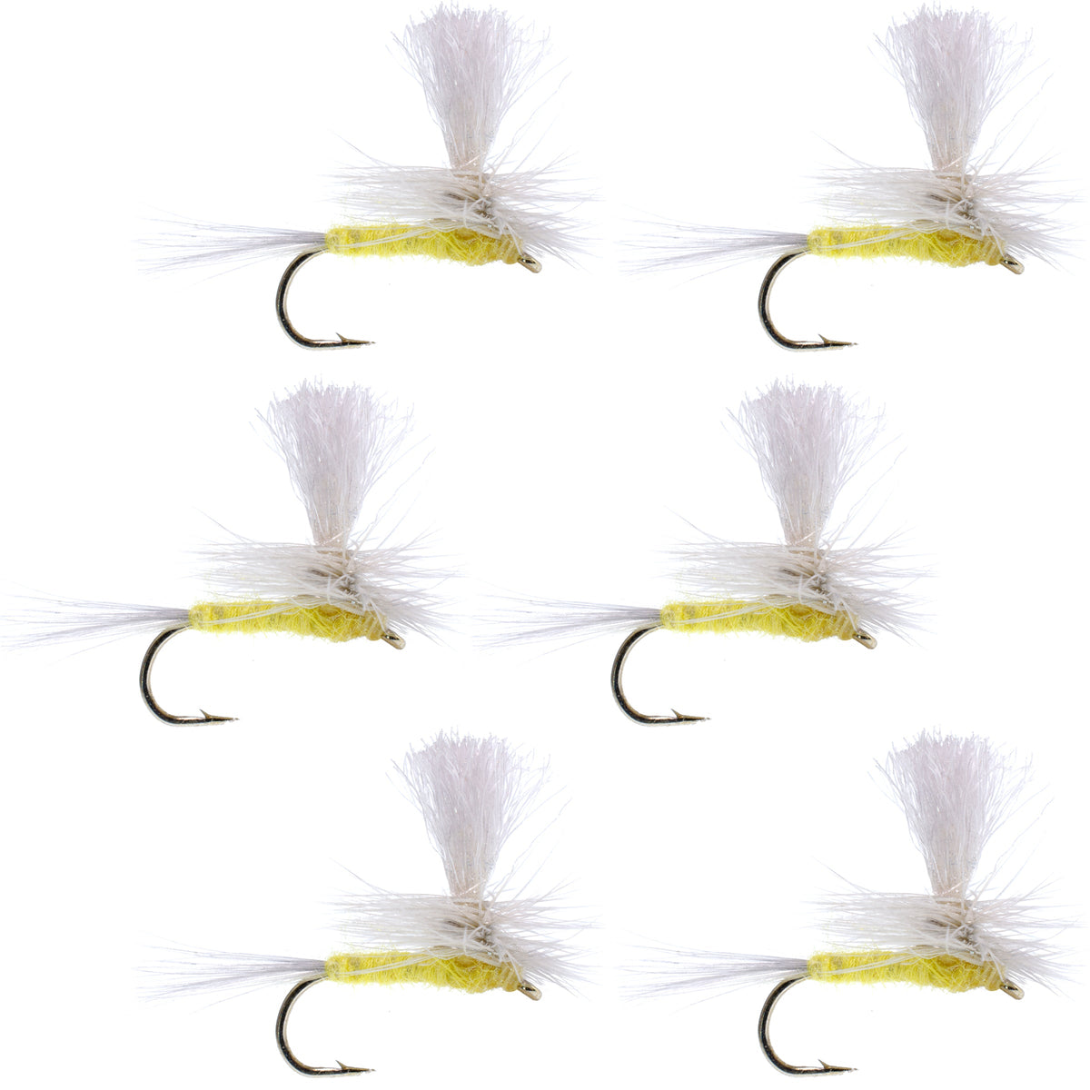 Six Pale Morning Dun Parachute PMD dry flies for trout fishing, size 18, with realistic fly fishing hook details.