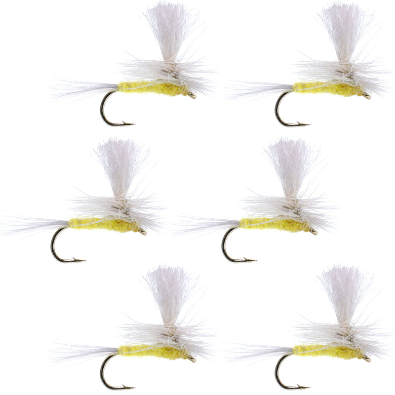 Six Pale Morning Dun Parachute PMD dry flies for trout fishing, size 18, with realistic fly fishing hook details.