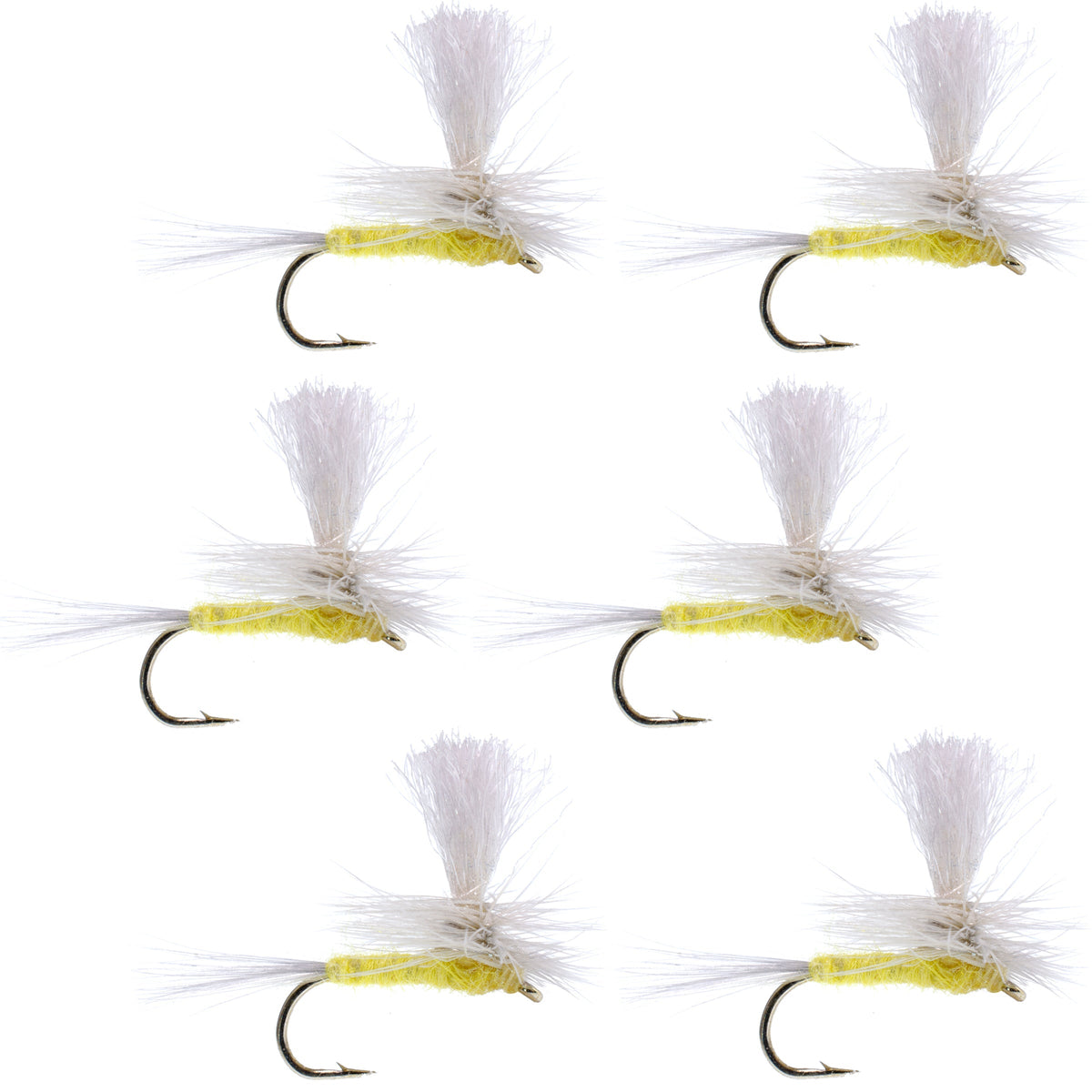Six Pale Morning Dun PMD classic dry fly fishing flies with size 14 hooks, designed for trout fishing.