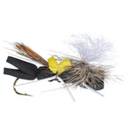 Three black and yellow Chernobyl ant foam flies for trout fishing, size 10, by The Fly Fishing Place, featuring foam bodies and fly hooks.