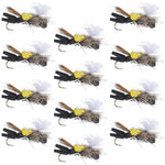 Set of 12 black and yellow Chernobyl Ant foam dry trout flies with size 10 hooks for fly fishing.