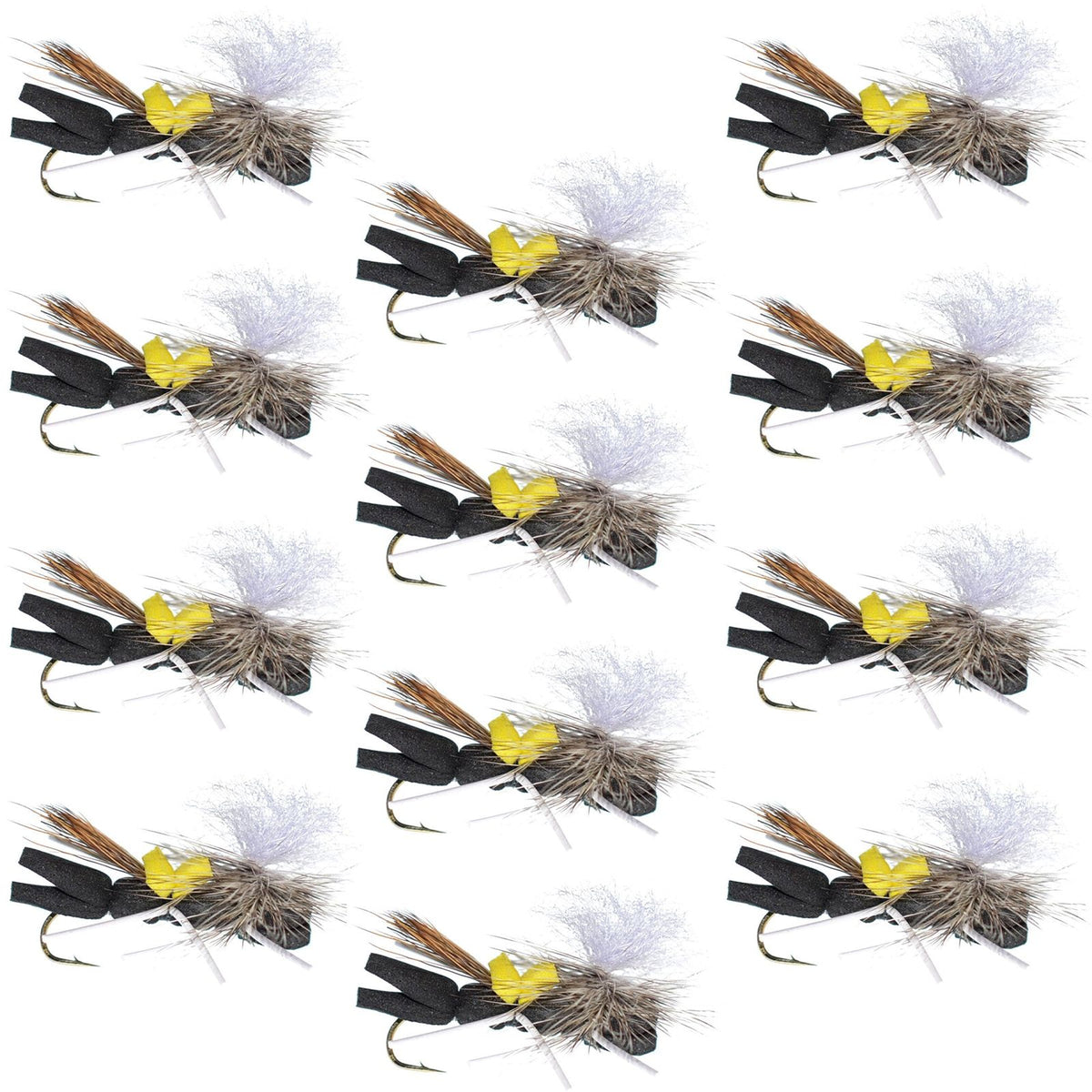 Set of 12 black and yellow Chernobyl Ant foam dry trout flies with size 10 hooks for fly fishing.
