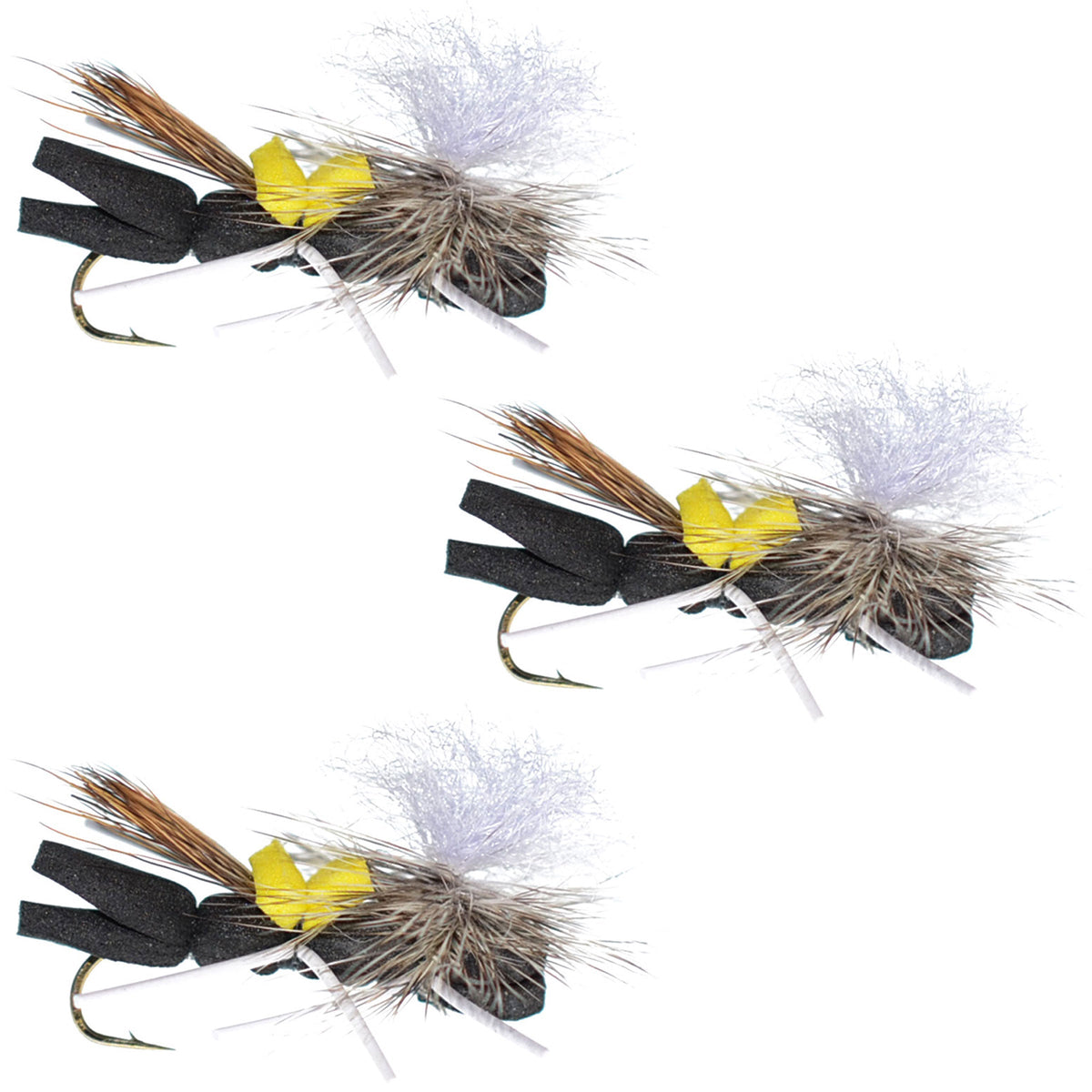 Three black and yellow Chernobyl Ant foam dry flies for trout fishing, size 10, by The Fly Fishing Place.