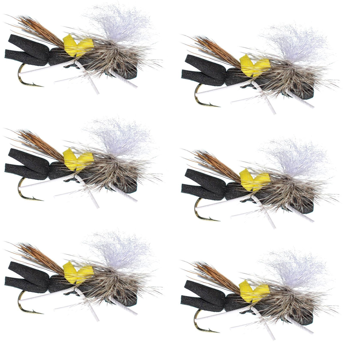 Set of six black and yellow Chernobyl Ant foam dry flies for trout fishing, featuring grasshopper design with size 10 hooks.