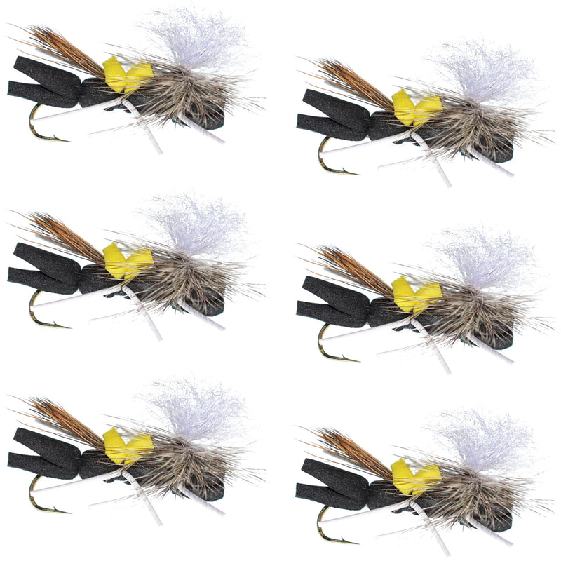 Set of six black and yellow Chernobyl Ant foam dry flies for trout fishing, featuring grasshopper design with size 10 hooks.