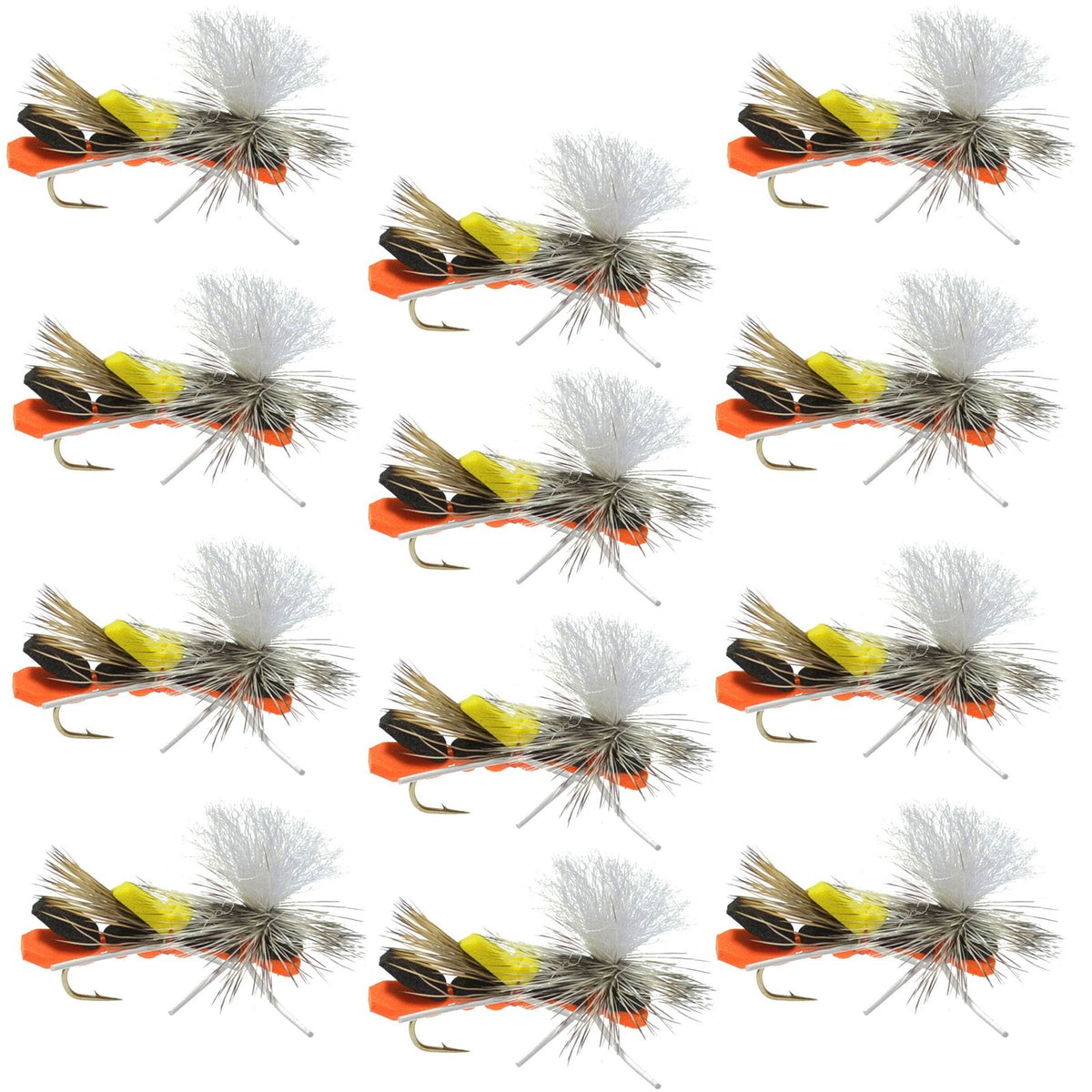 Set of 12 black and orange foam Cheryobyl Ant trout dry flies with hooks, size 10, for fly fishing by The Fly Fishing Place.