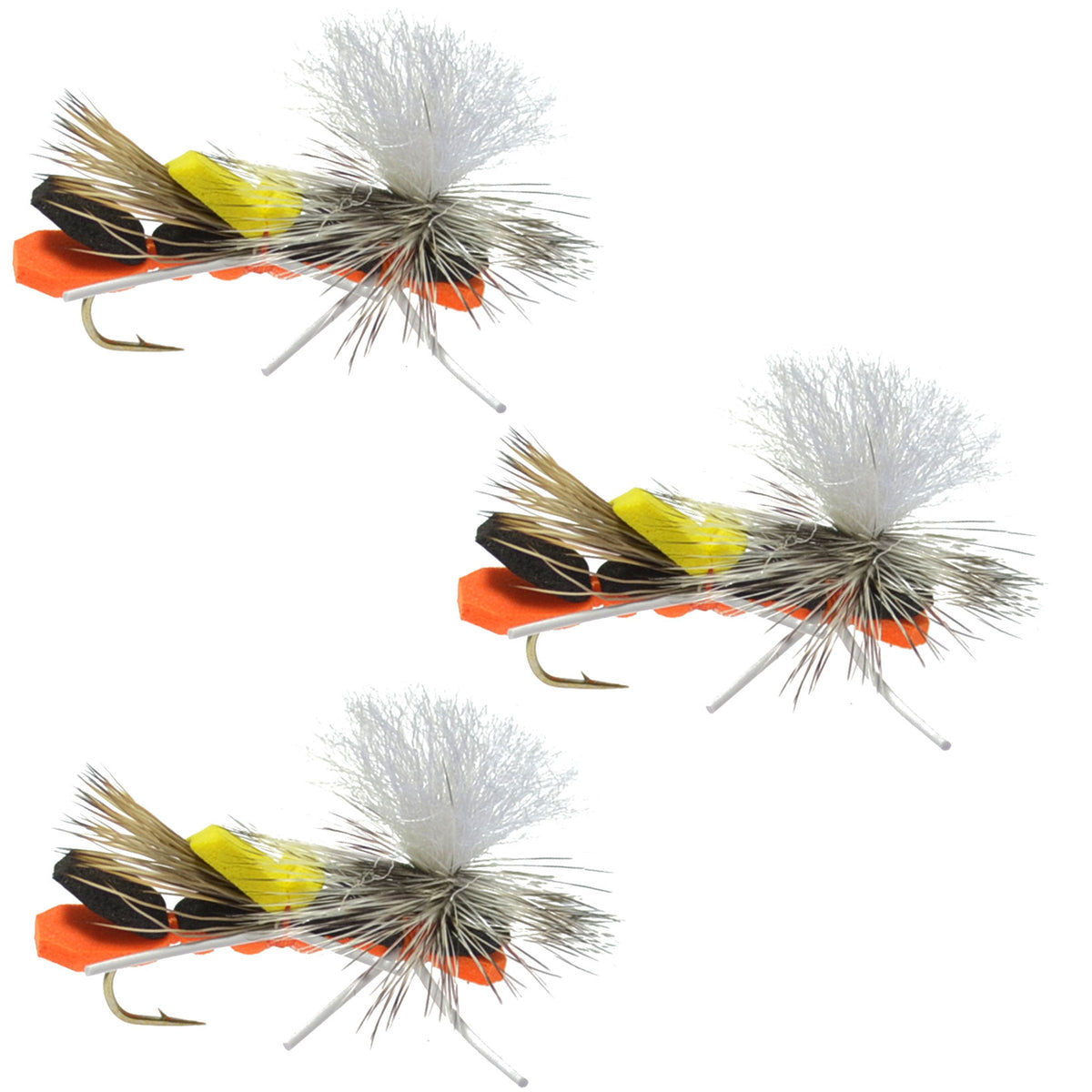 Three black and orange foam Chernobyl ant trout dry flies with parachute design, hook size 10 for fly fishing.