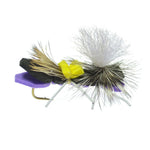 Purple foam Chernobyl Ant trout dry fly with hook size 10, designed for fly fishing, featuring realistic grasshopper details.