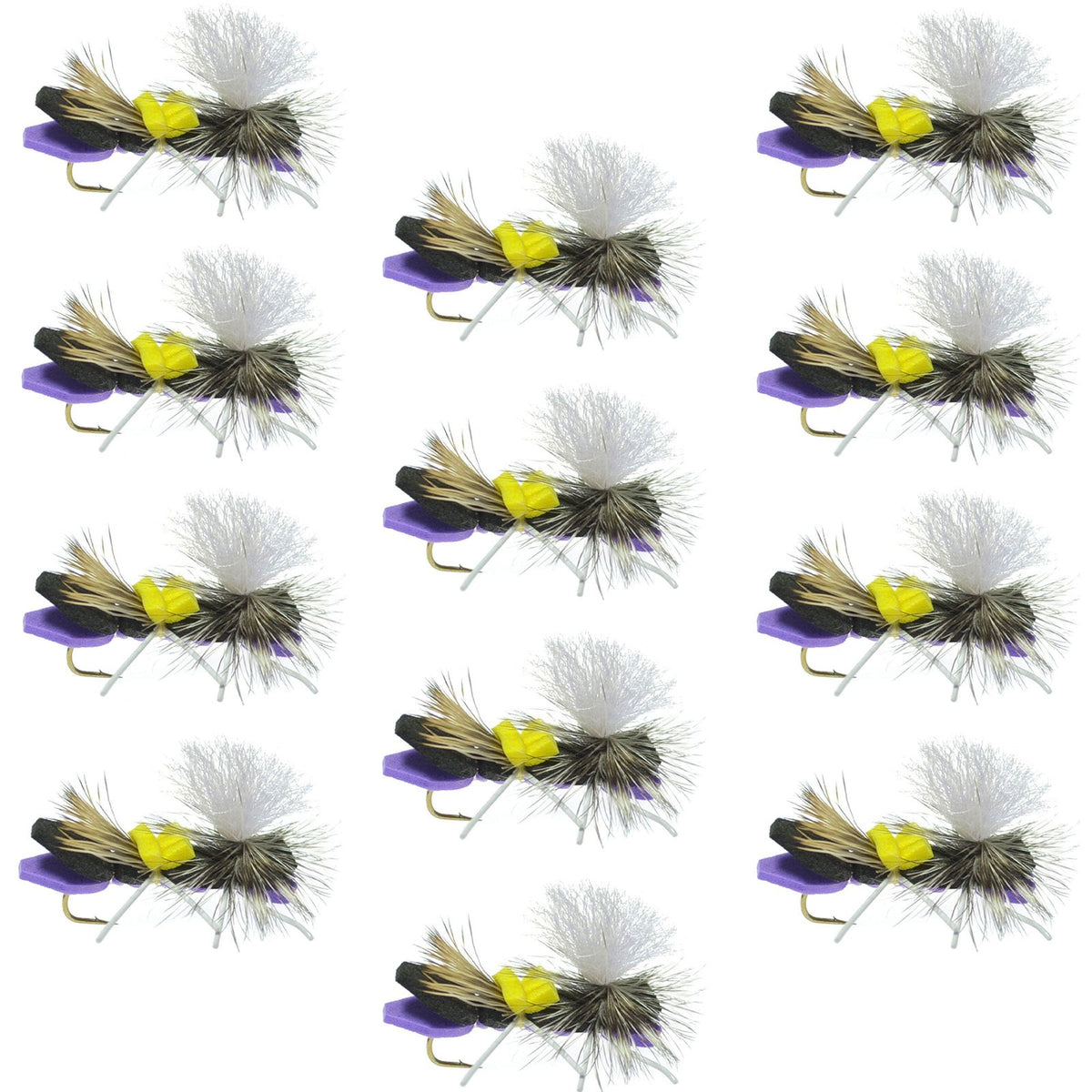 Multiple fly fishing lures with white, yellow, and purple colors on a white background