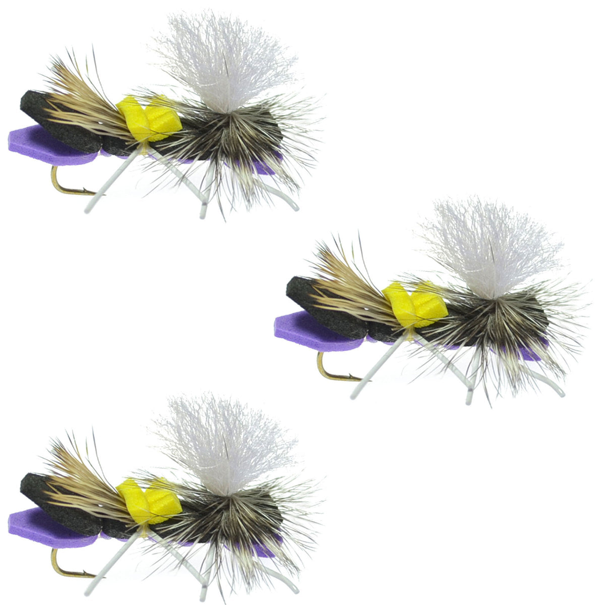 Three purple foam Chernobyl ant trout dry flies with parachute and grasshopper design, size 10 hook for fly fishing.